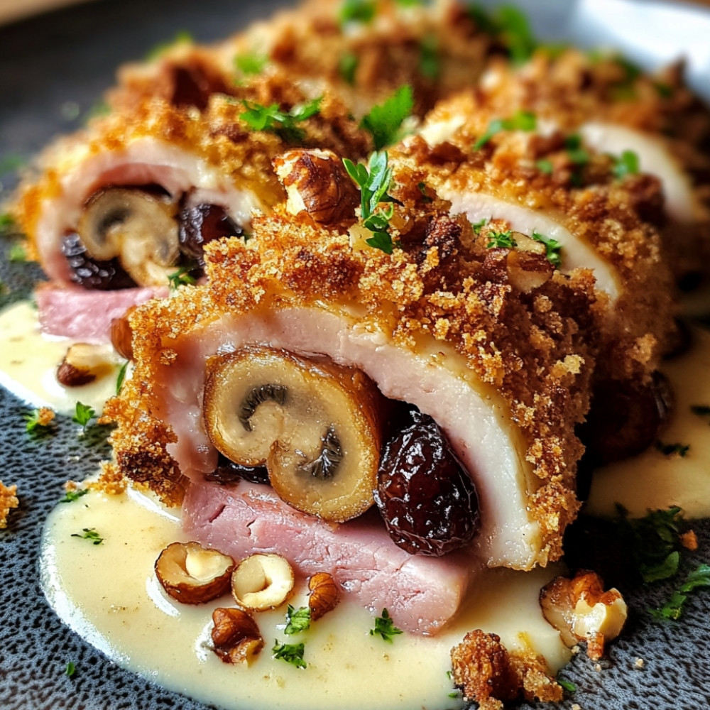 Cordon bleu i cykoria nadziewana grzybami i rodzynkami z crumble orzechowym i sosem mięsnych.