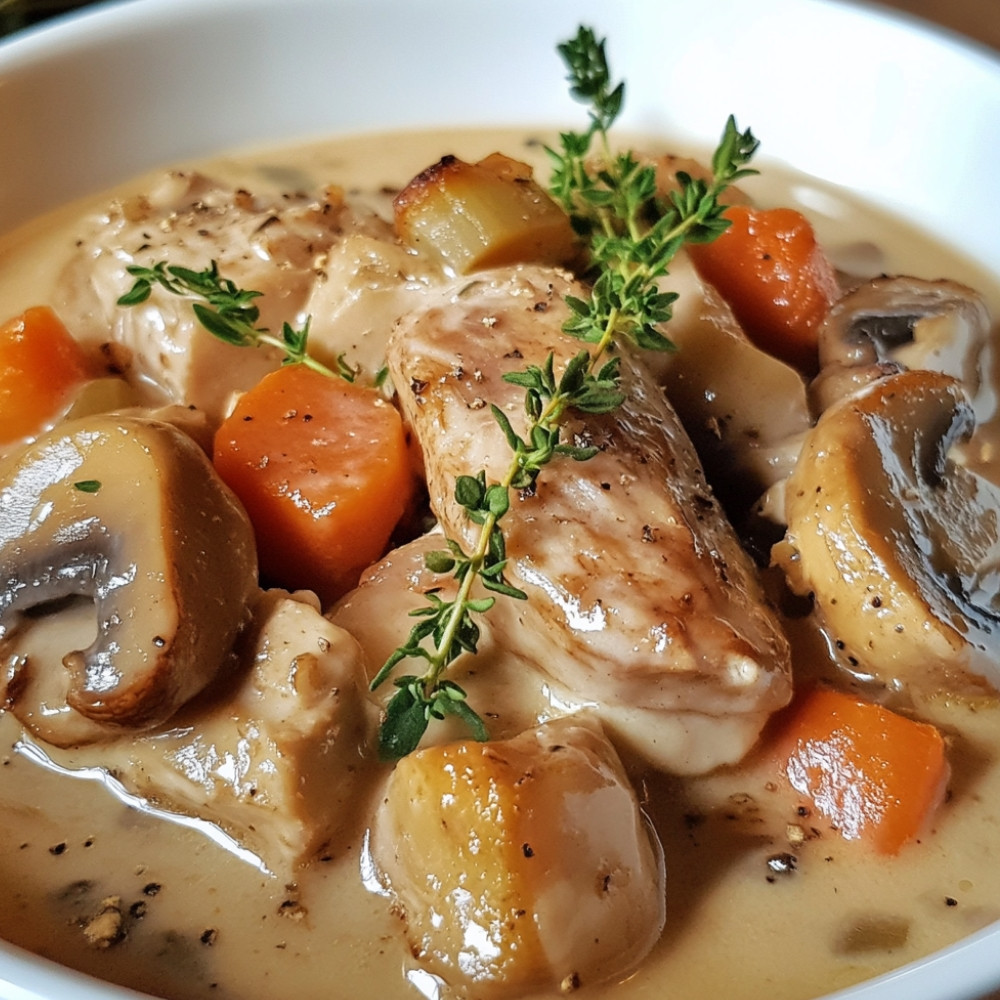 Duszone ptasie mięso w sosie śmietanowym z grzybami