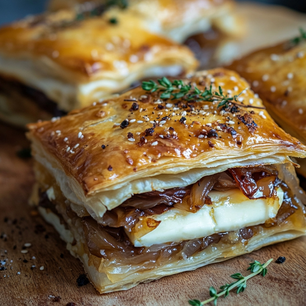 Fęoflaki z confitowanym kaczym mięsem, karmelizowaną cebulą i serem brie