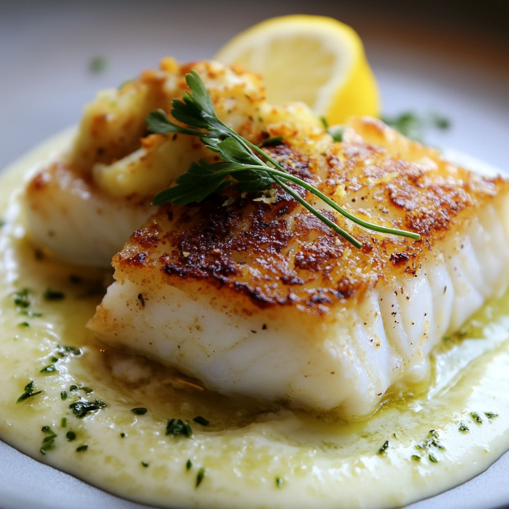 Filet z dorsza w panierce, puree z zielonej kapusty, ricotta i sos cytrynowy