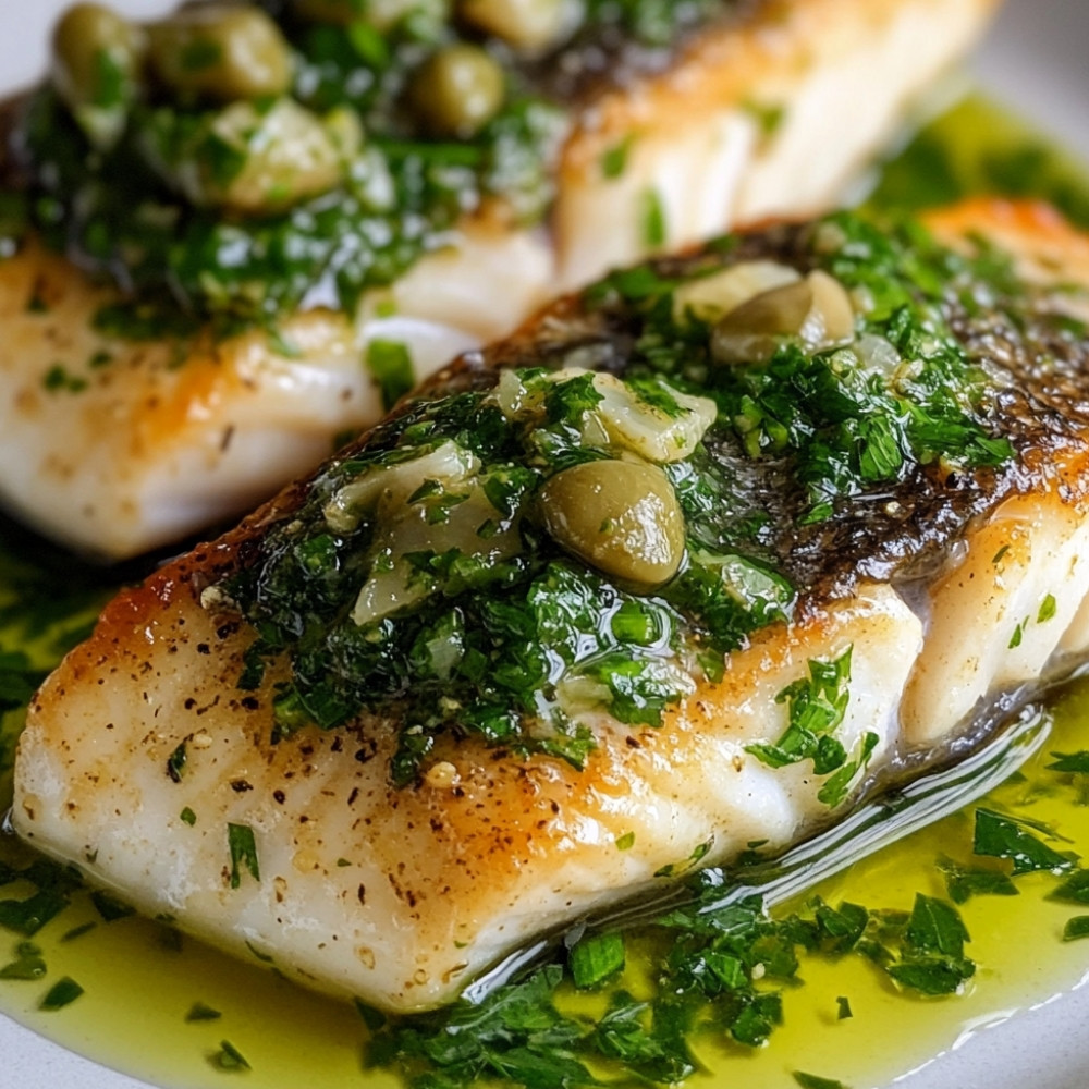 Filet z labraksu w salsa verde z sałatką z fasoli