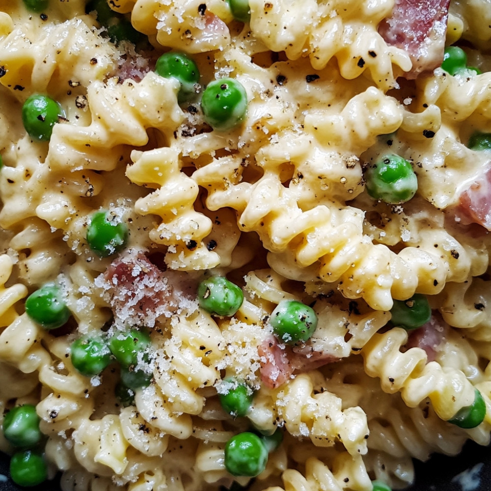 Fusilli w kremowym sosie z pancettą i groszkiem