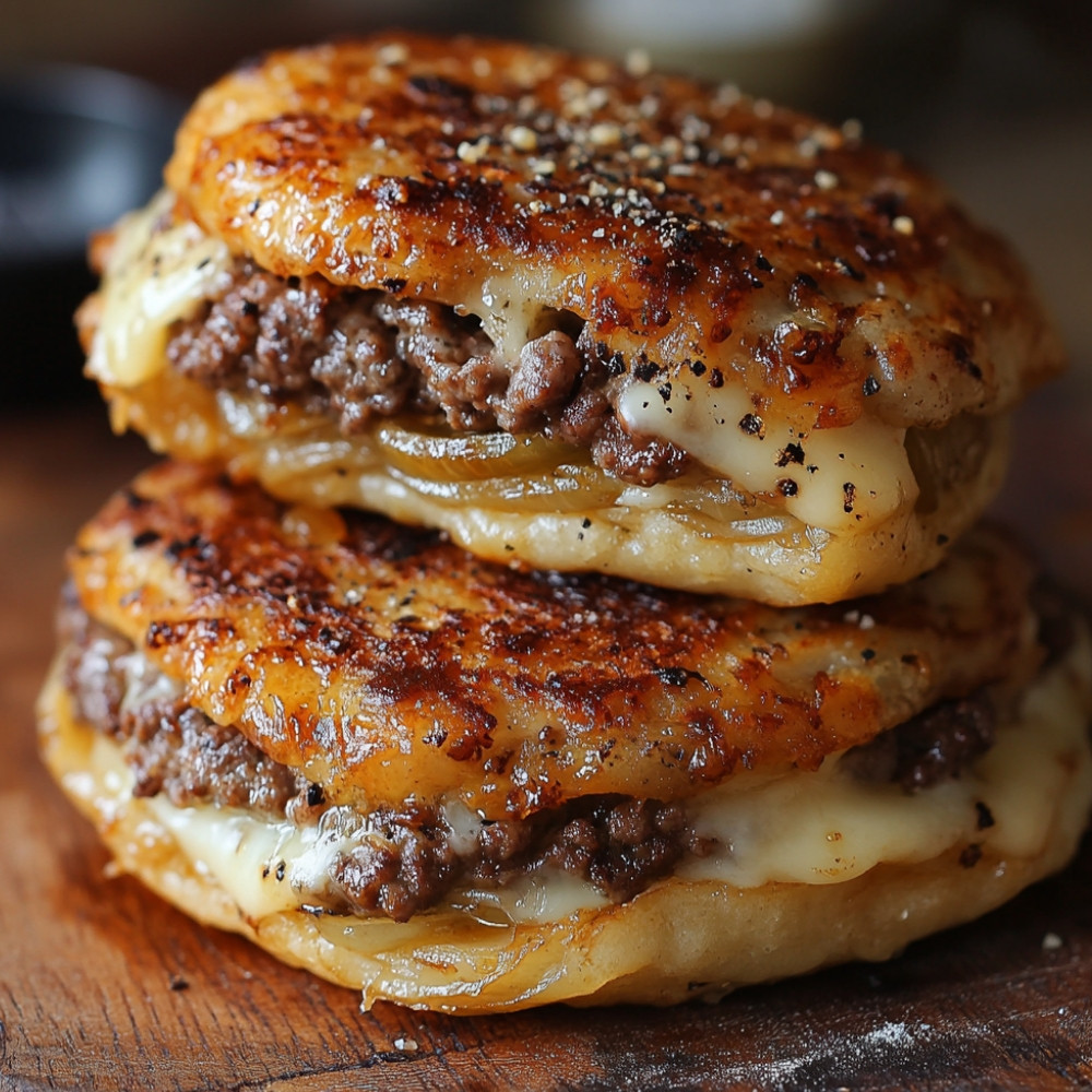 Galettes de boeuf, fromage et oignons caramélisés