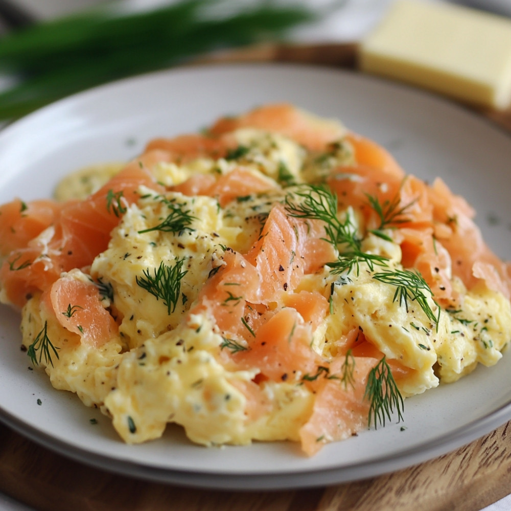 Grzanki z jajecznicą, wędzonym łososiem i ziołami