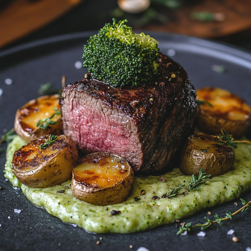 Kontre filet wołowy i puree brokułowe
