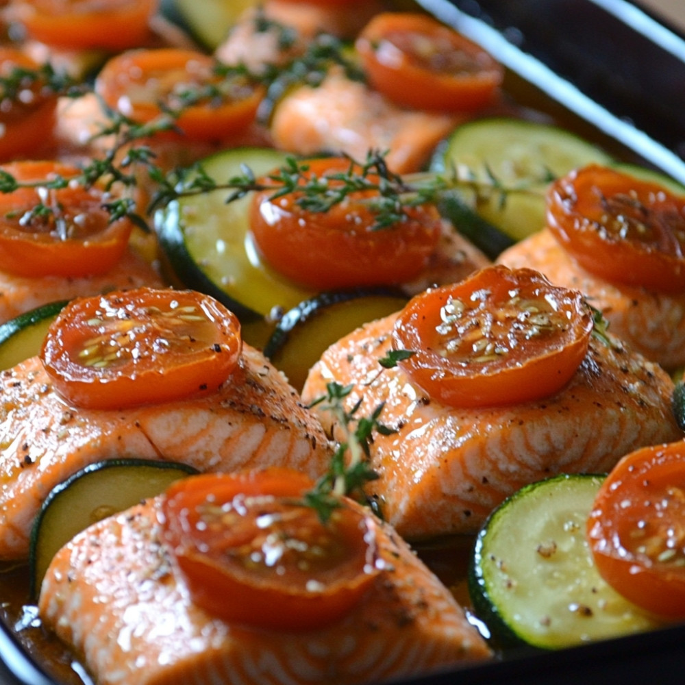 Łosoś z cukinią, marchewką i pomidorkami koktajlowymi zapiekany w piekarniku