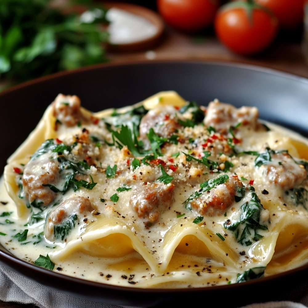 Mezzelune z kiełbasą, szpinakiem i sosem pomidorowo-śmietanowym