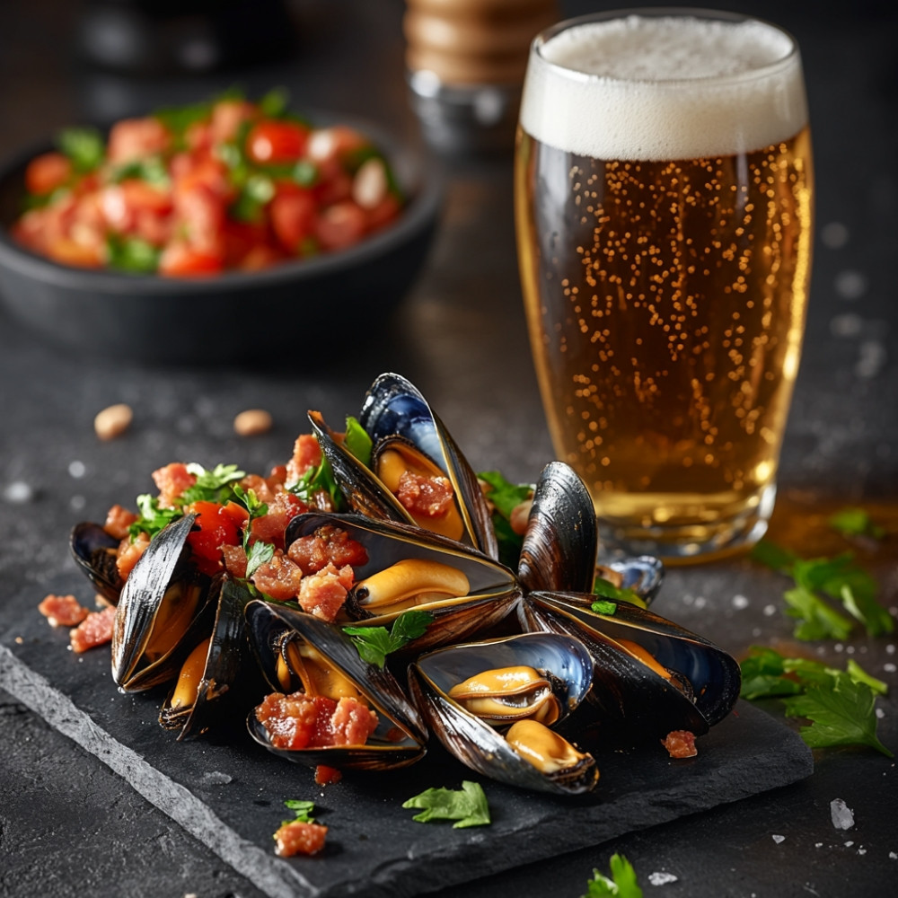 Mule w piwie jasnym z pomidorami i chorizo