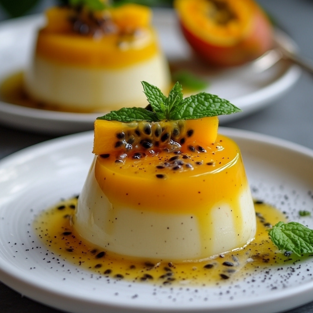 Panna cotta z mango i owocami passiflory