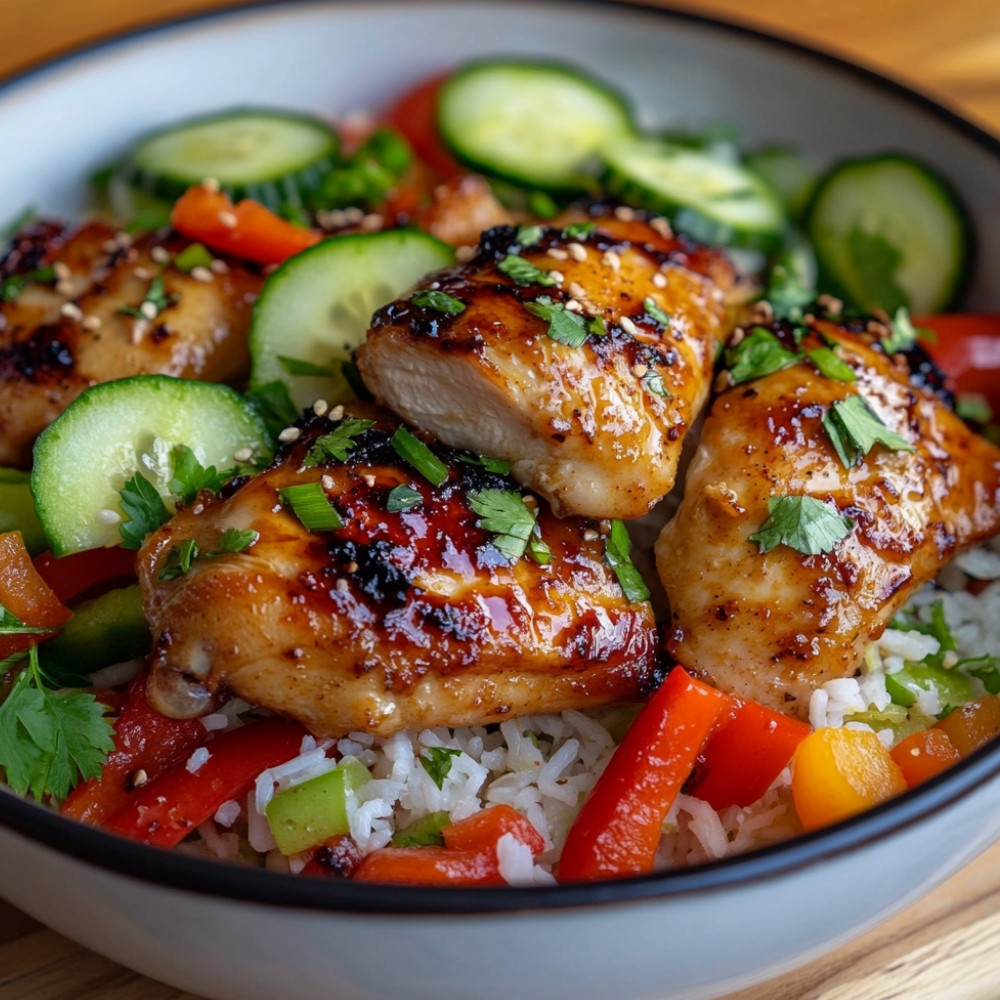 Pieczona noga z kurczaka w słodko-słonej marynacie i sałatka ryżowa