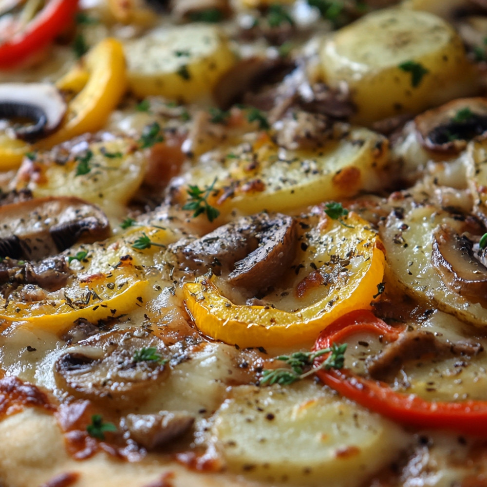 Pizza ziemniaczana z anchois, papryką i pieczarkami