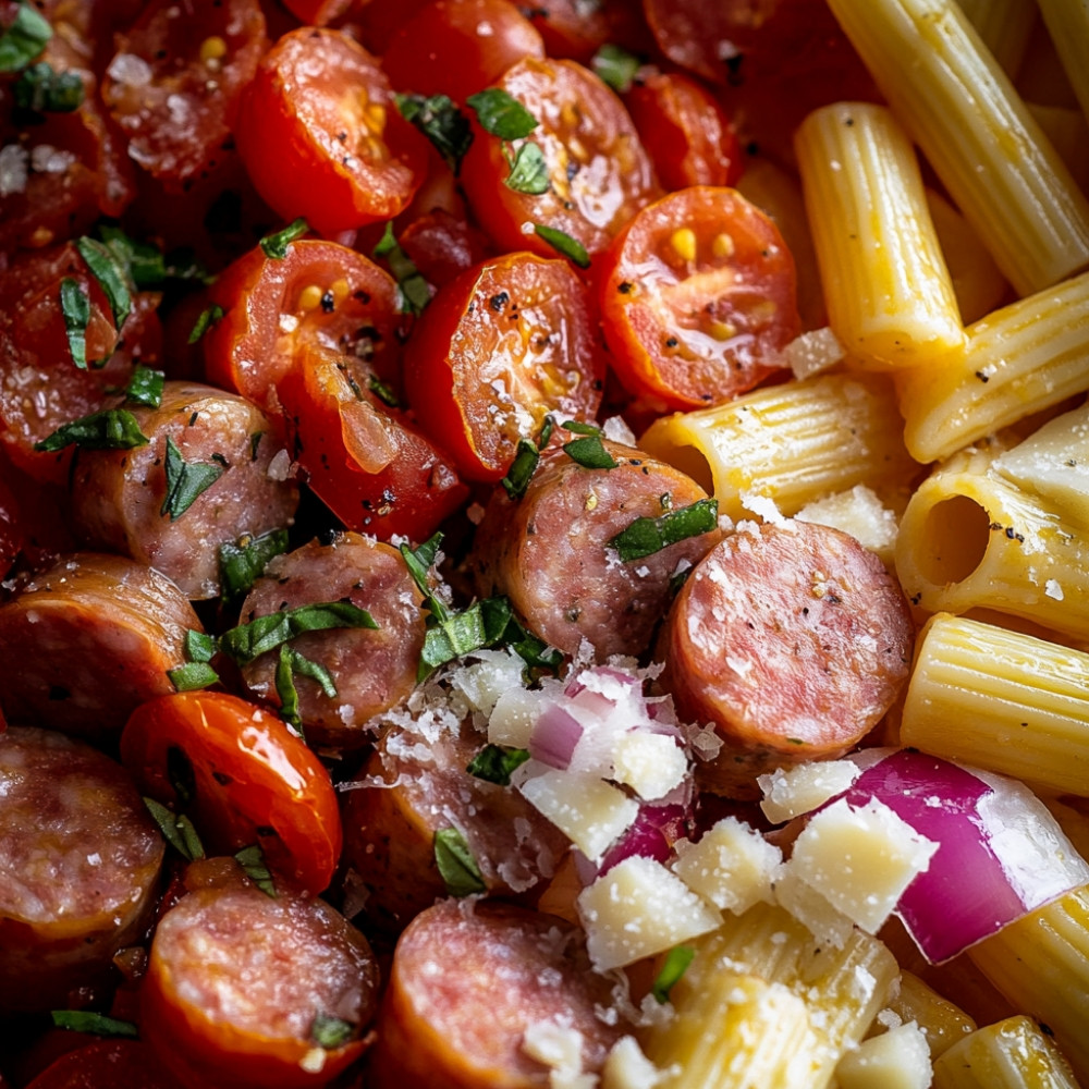 Rigatoni z pomidorami i włoską kiełbasą
