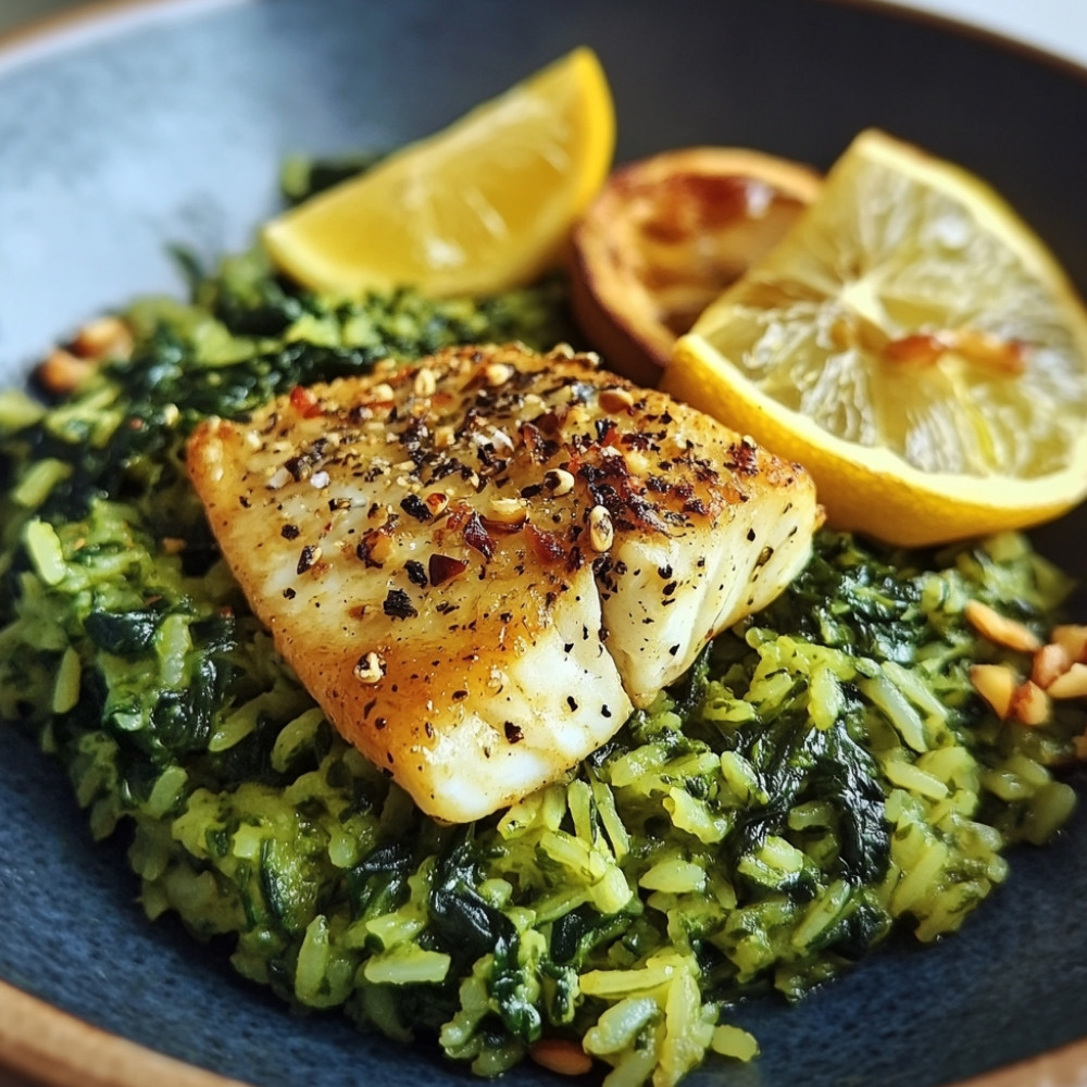 Ryż zielony ze szpinakiem i smażoną rybą