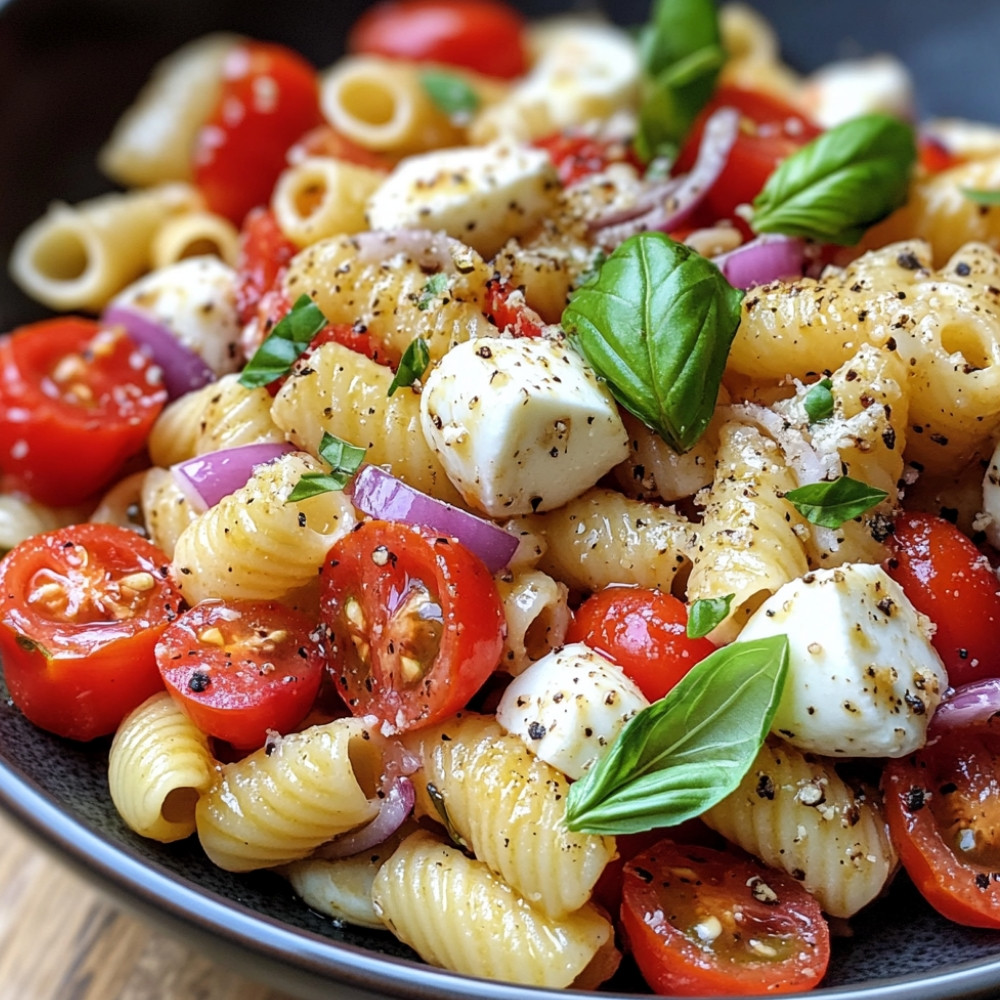 Sałatka z makaronem, pomidorami i mozzarellą