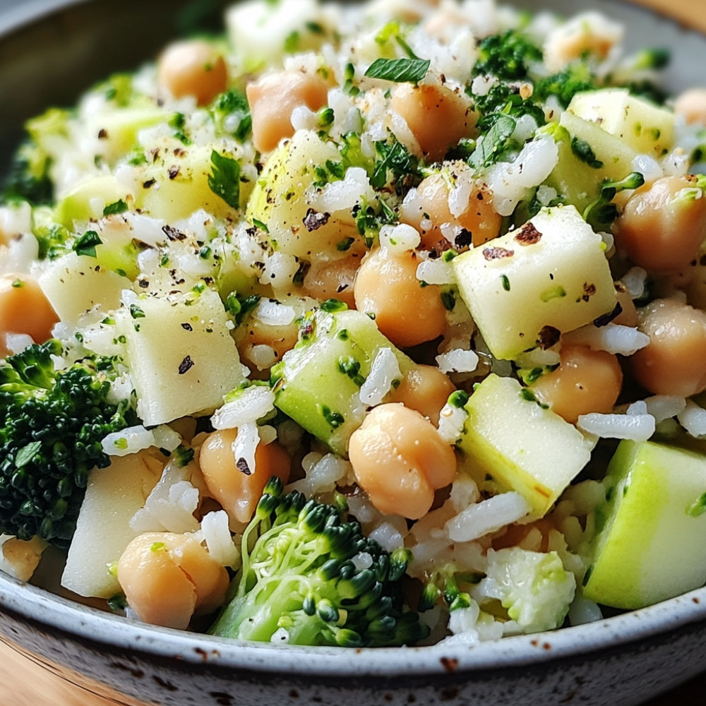 Sałatka z ryżu, ciecierzycy, brokułami i jabłkami