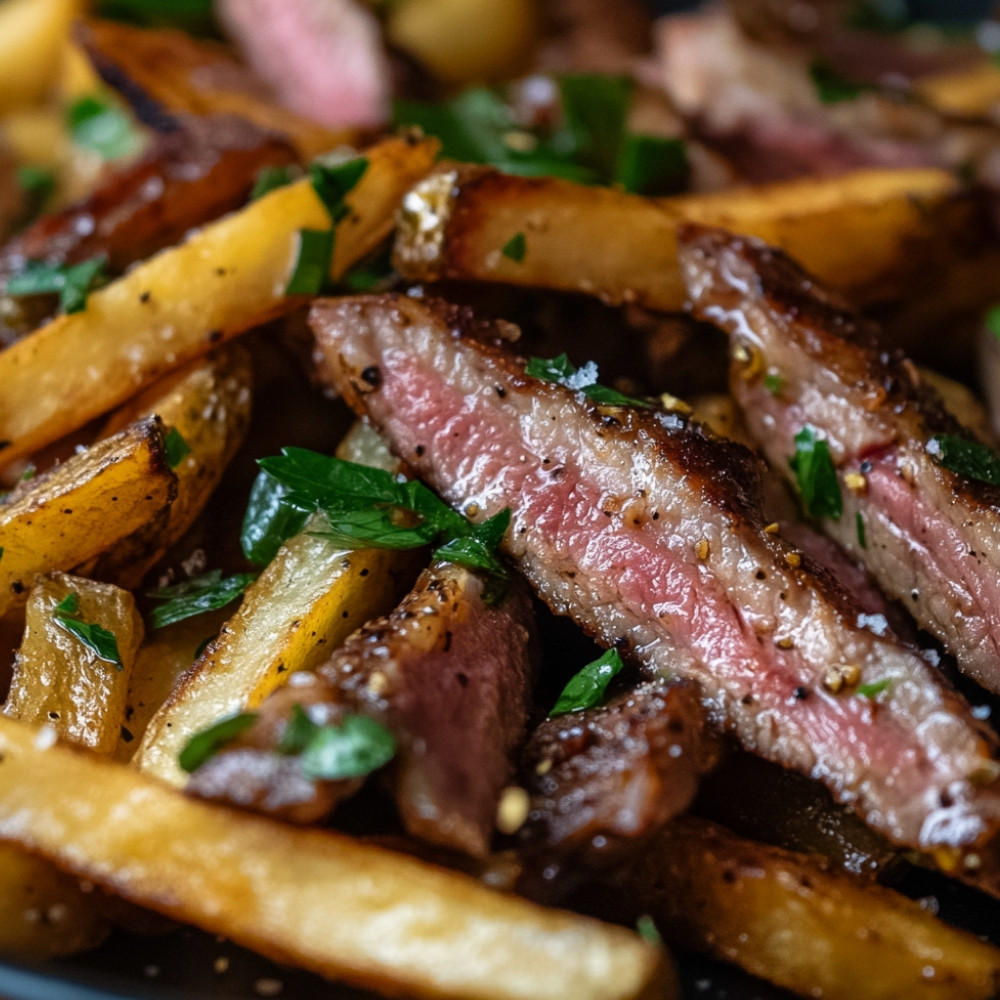 Smażone frytki z wędzonym mięsem z kaczki