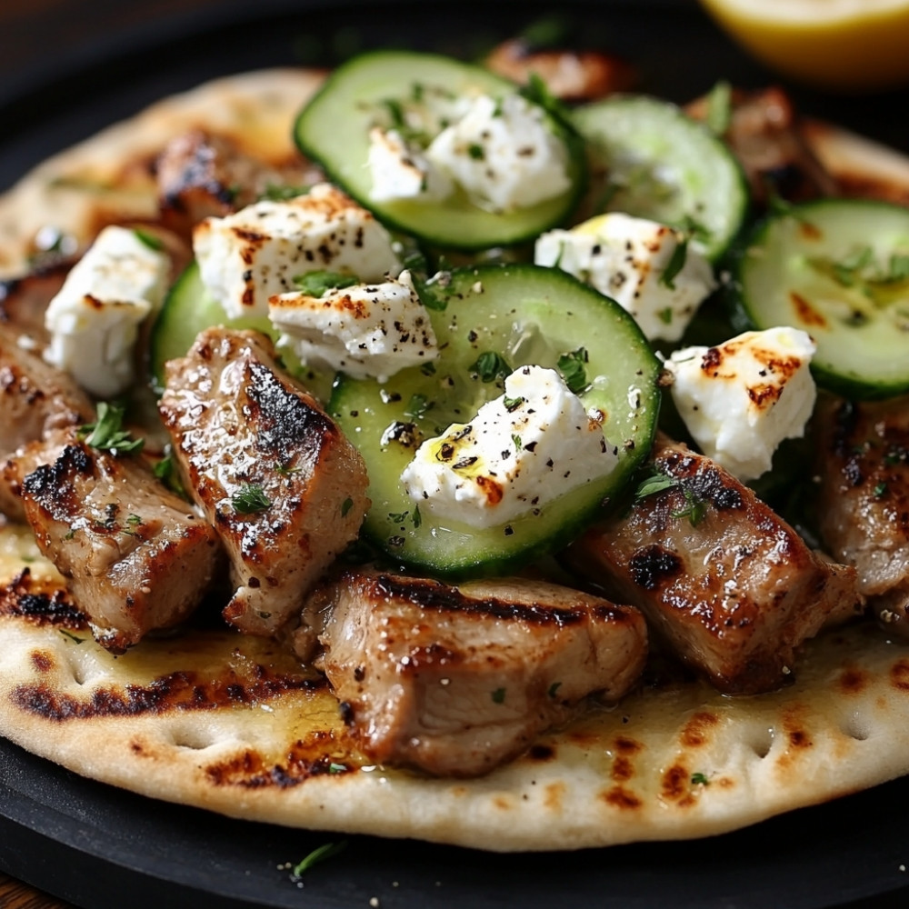 Souvlaki z chlebem pita, ogórkiem i fetą w sosie śmietanowym