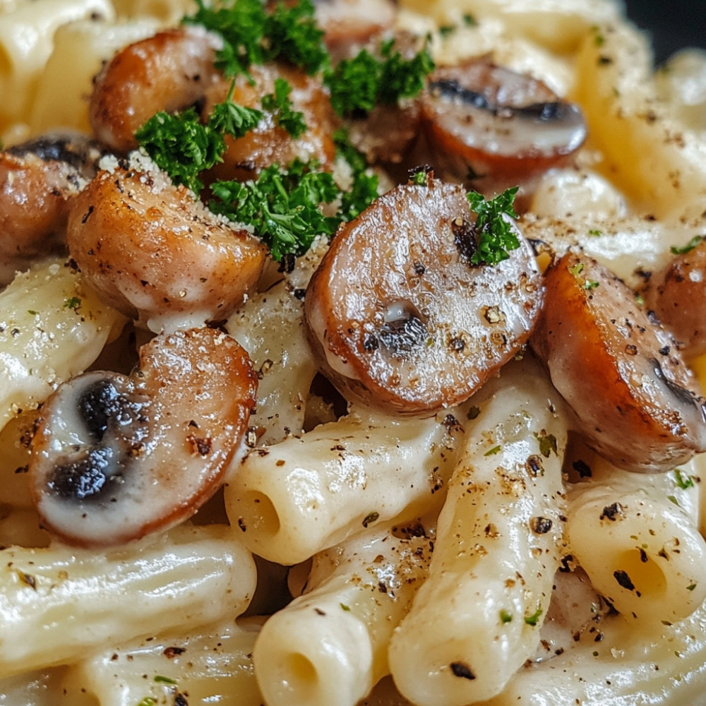 Świderki w kremowym sosie z kiełbasą i grzybami