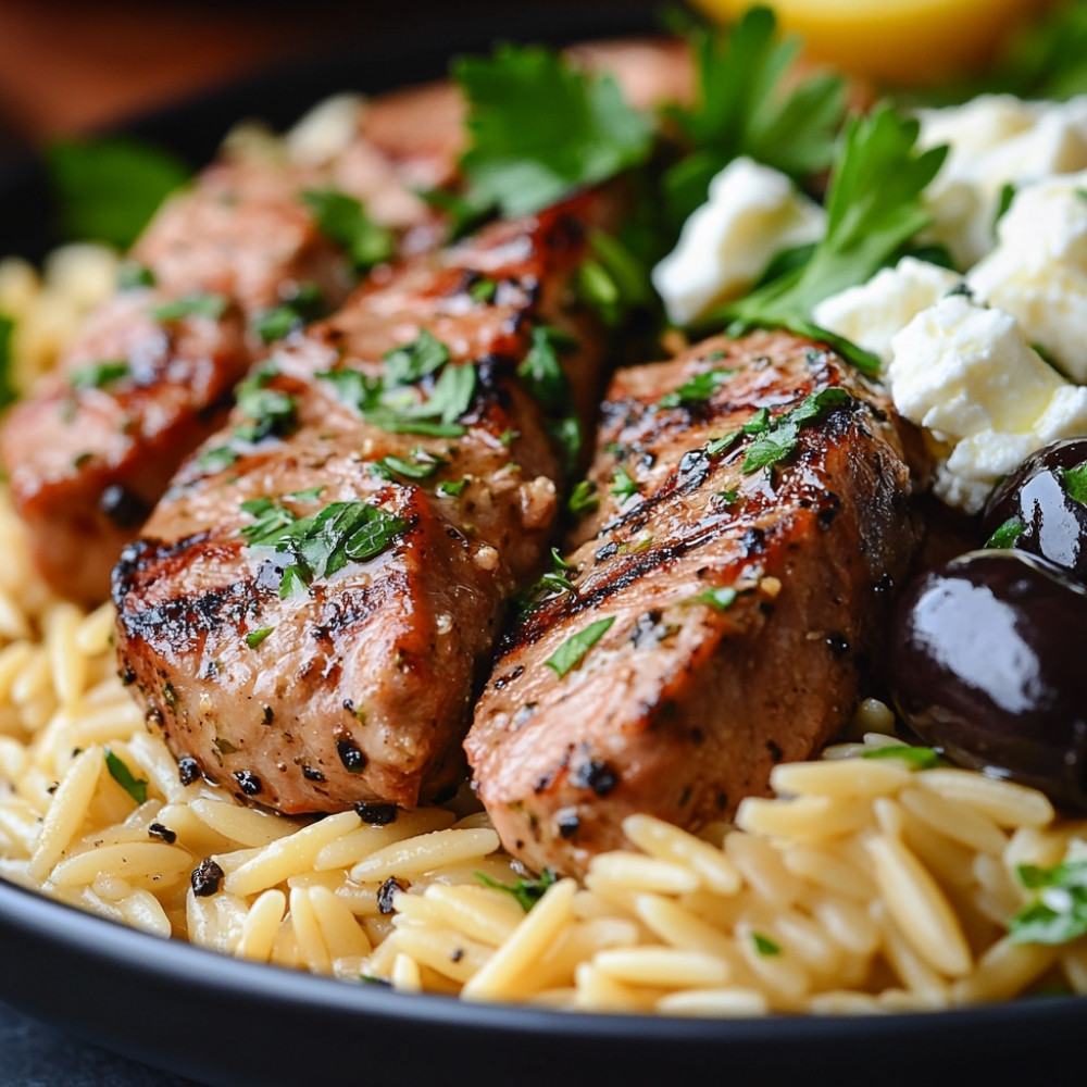 Wieprzowina marynowana po włosku z orzem, fetą i oliwkami