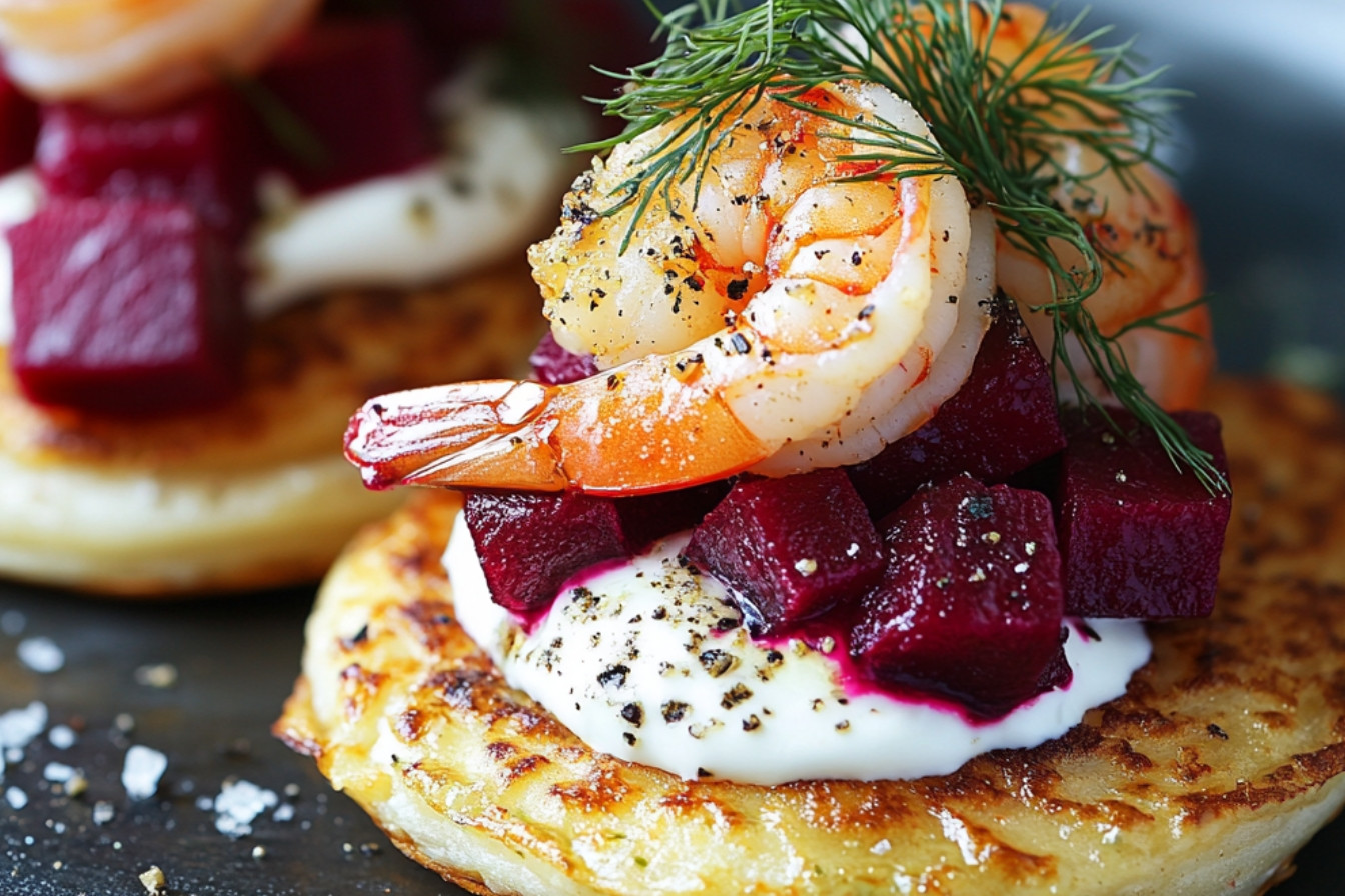 Blinis aux crevettes et betteraves
