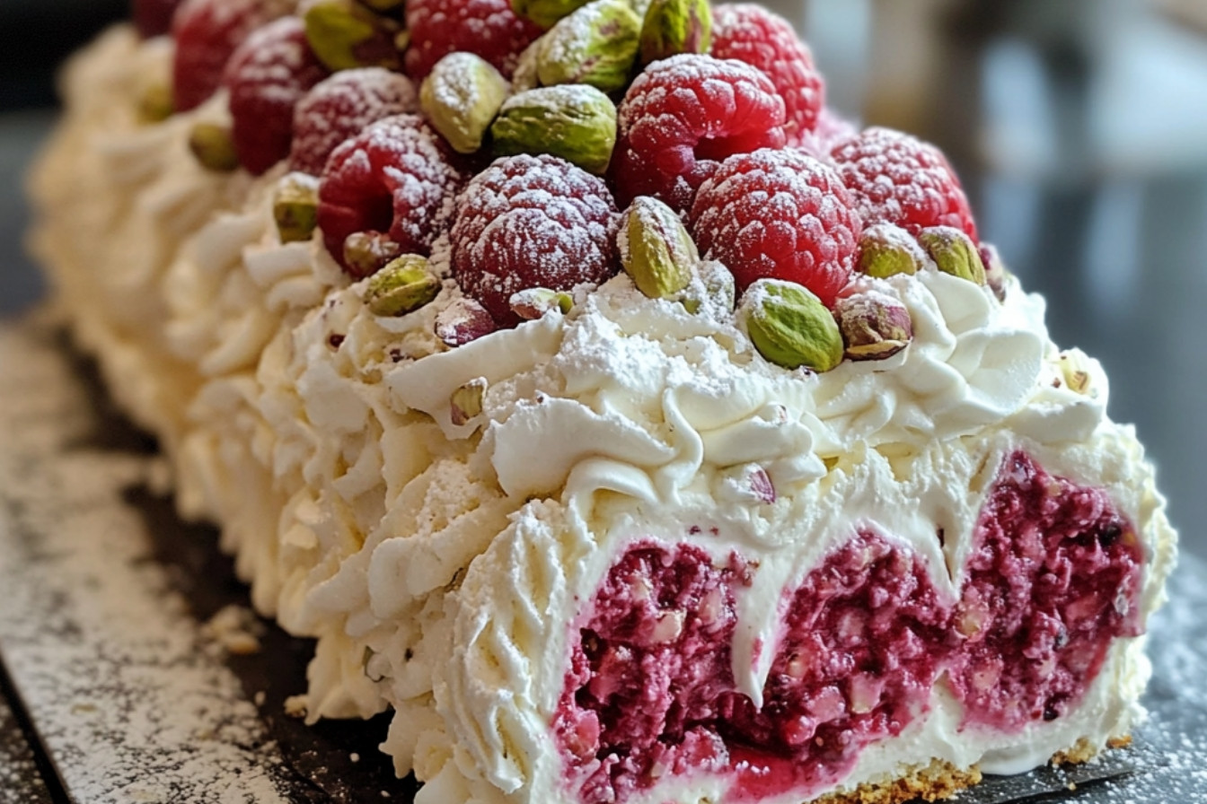 Bûche framboises et pistaches