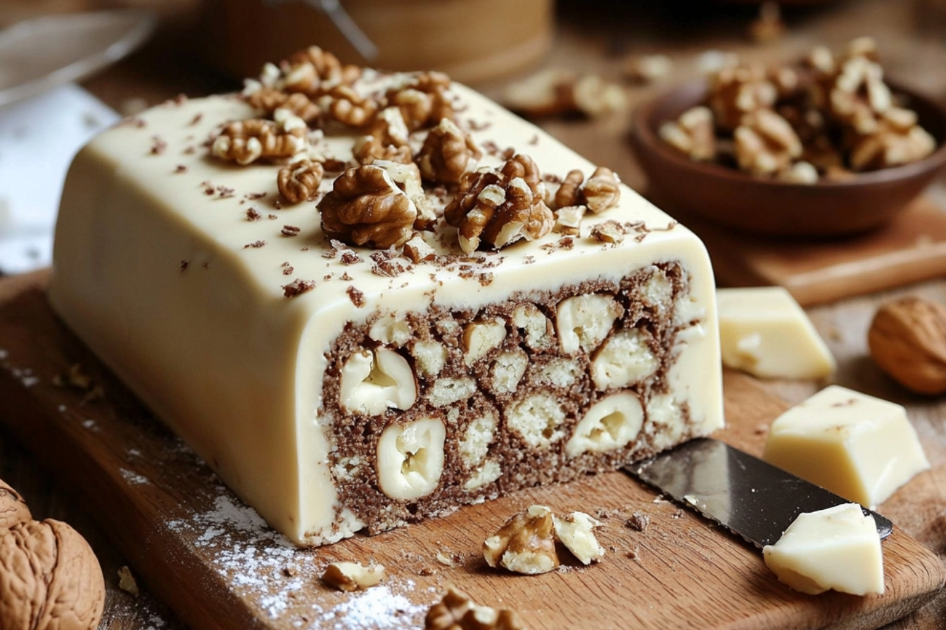 Ciasto orzechowe pokryte białą czekoladą