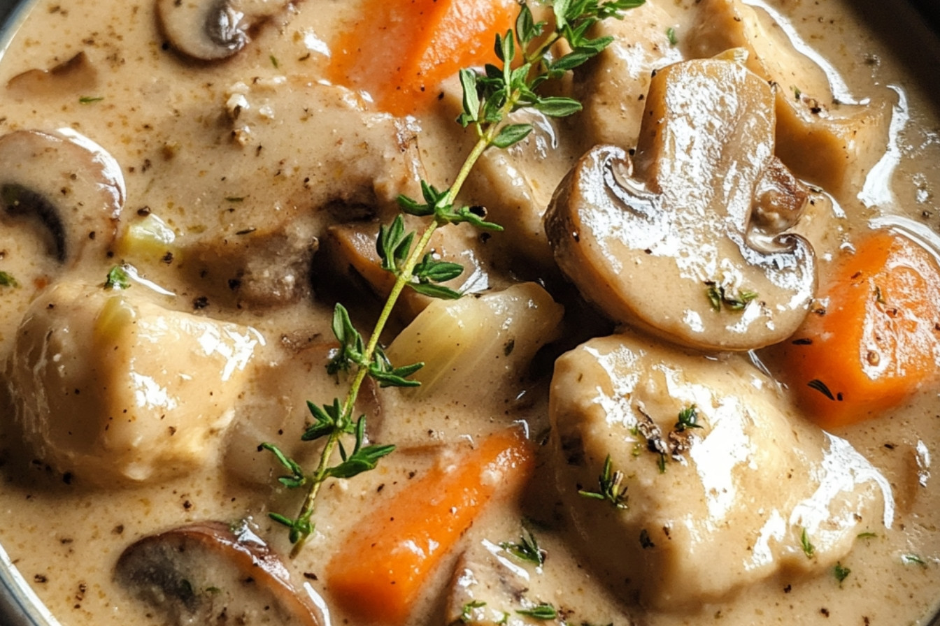 Duszone ptasie mięso w sosie śmietanowym z grzybami
