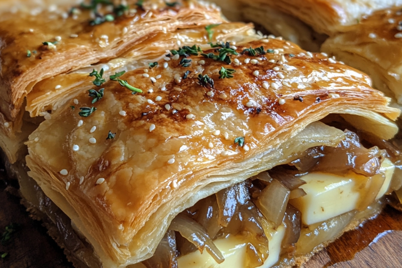 Fęoflaki z confitowanym kaczym mięsem, karmelizowaną cebulą i serem brie