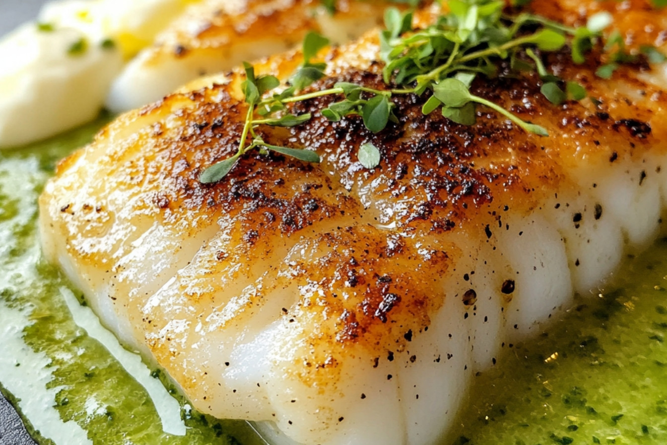 Filet z dorsza w panierce, puree z zielonej kapusty, ricotta i sos cytrynowy