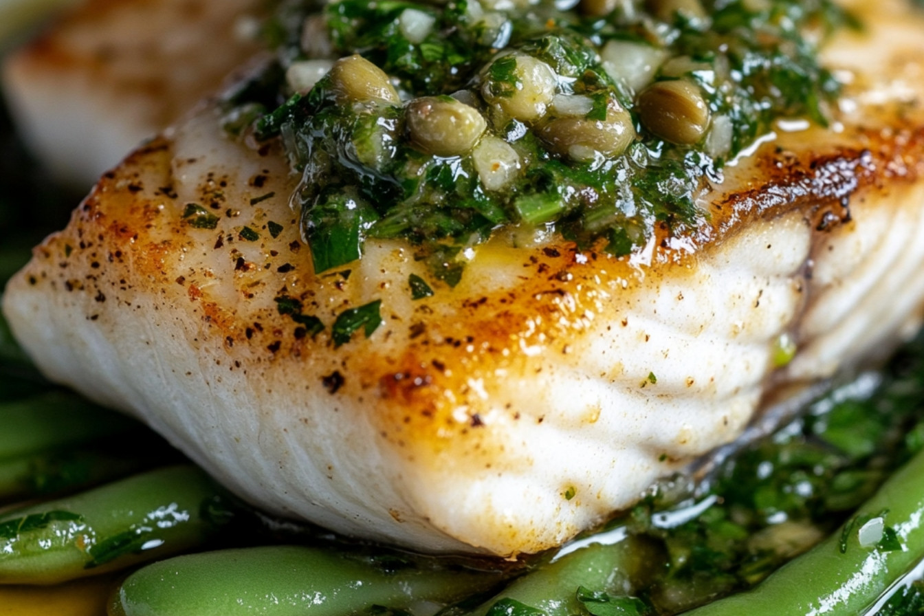 Filet z labraksu w salsa verde z sałatką z fasoli