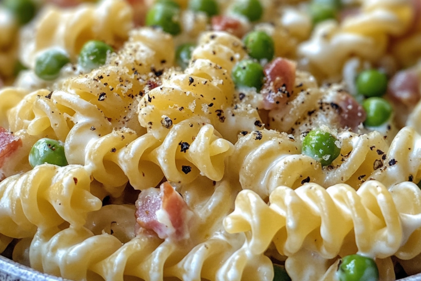 Fusilli w kremowym sosie z pancettą i groszkiem