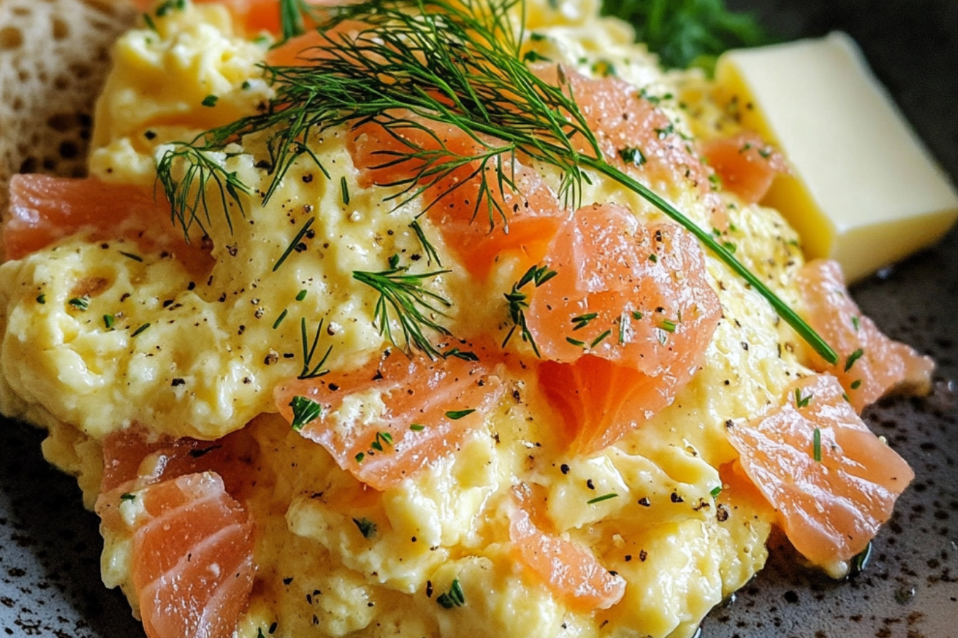 Grzanki z jajecznicą, wędzonym łososiem i ziołami