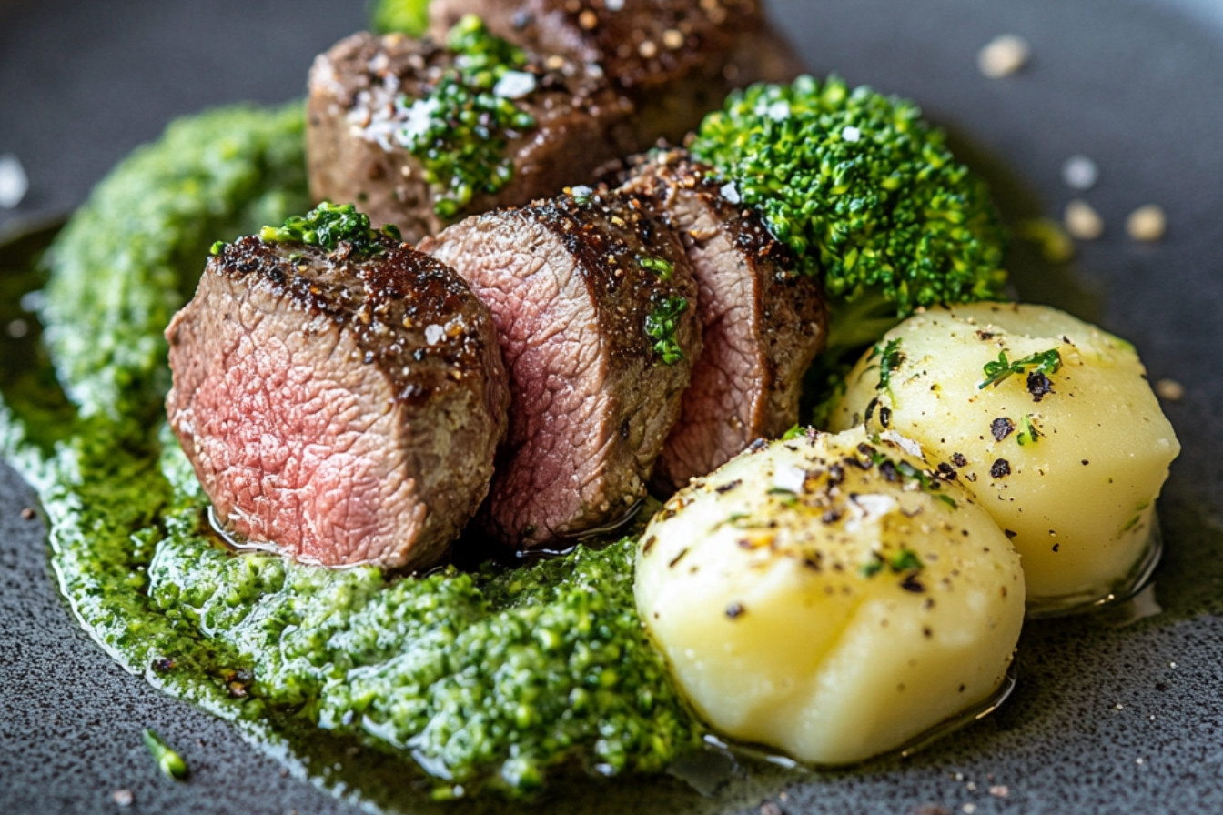 Kontre filet wołowy i puree brokułowe