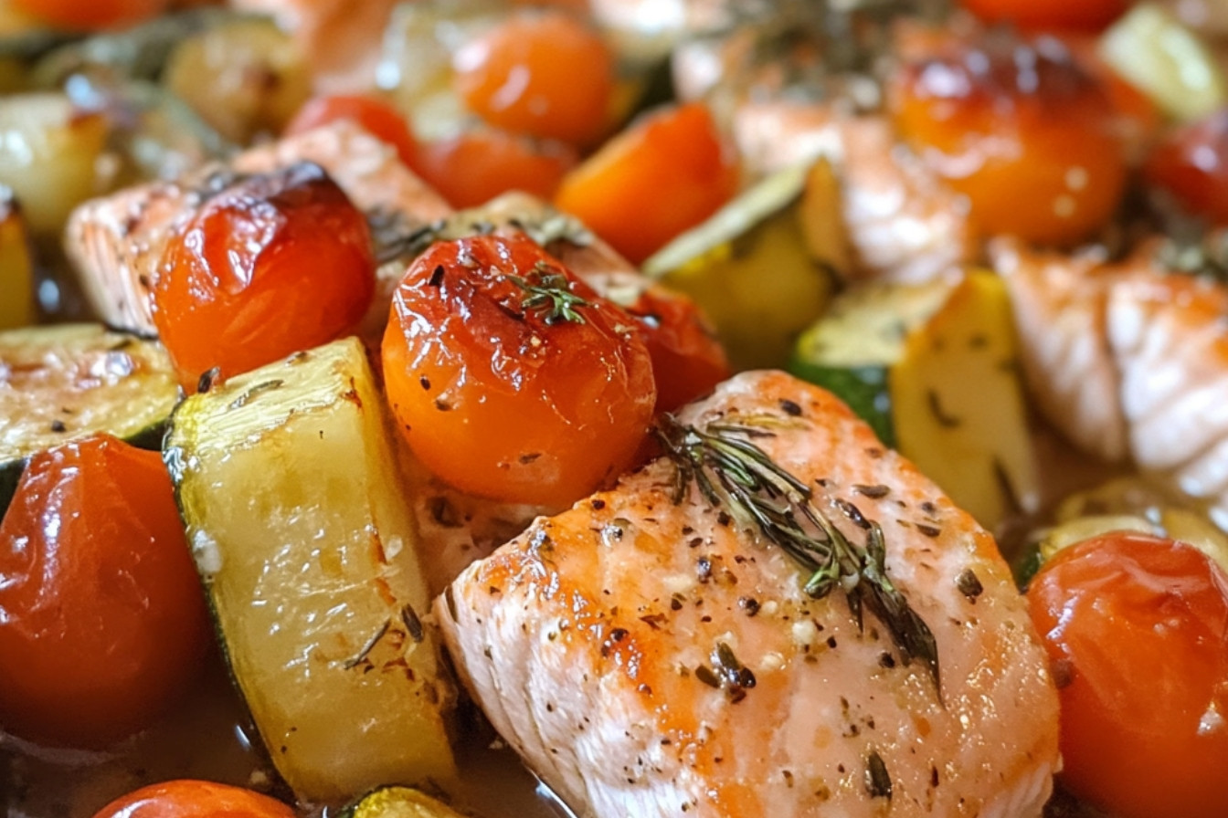 Łosoś z cukinią, marchewką i pomidorkami koktajlowymi zapiekany w piekarniku