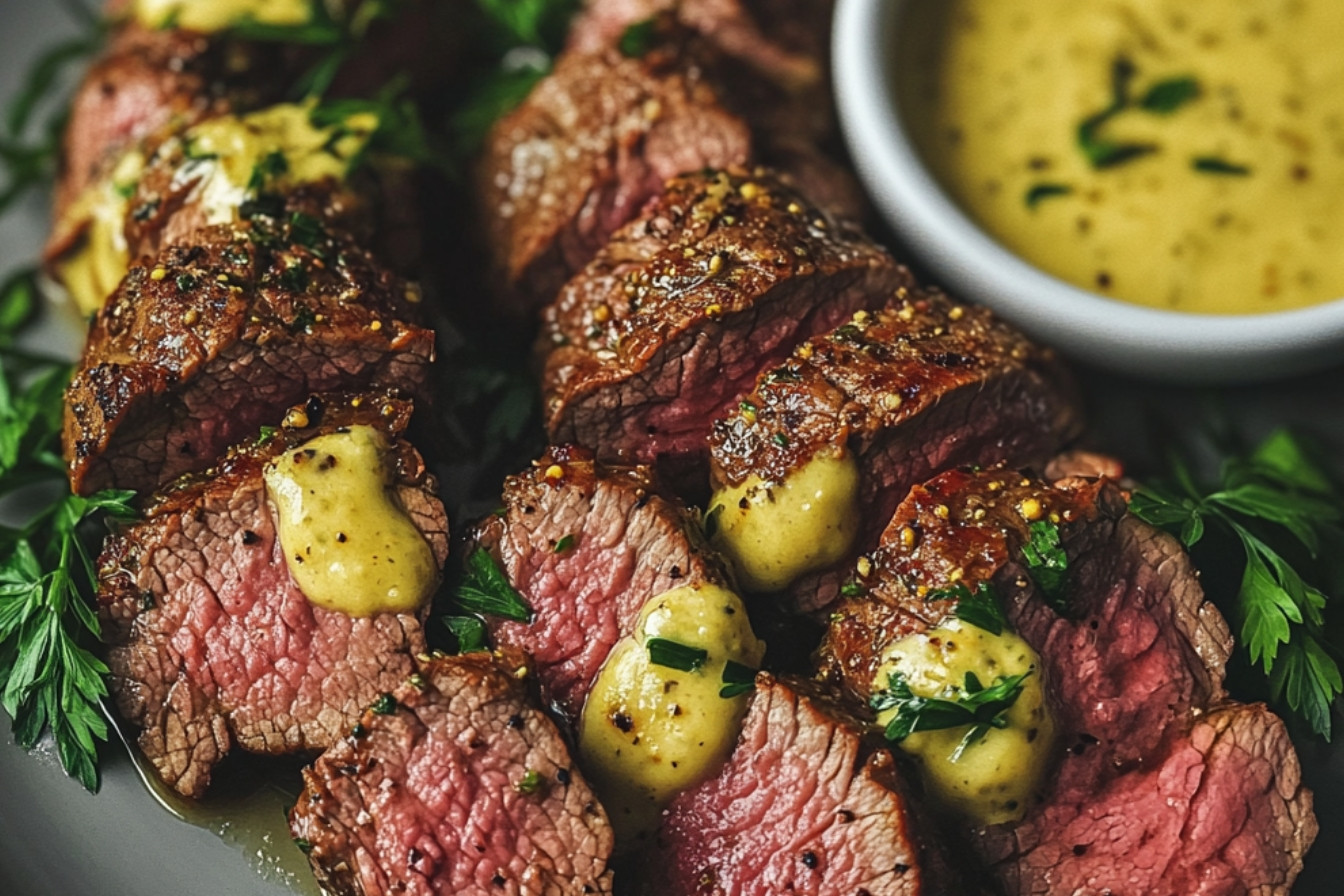 Marynowane steki wołowe z majonezem, czosnkiem i musztardą
