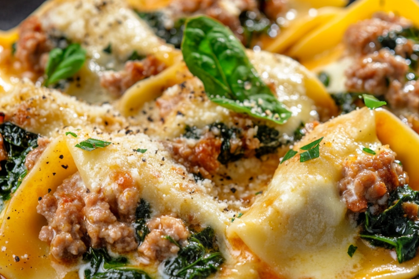 Mezzelune z kiełbasą, szpinakiem i sosem pomidorowo-śmietanowym