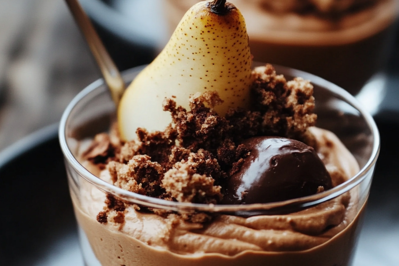 Mousse z pasternaku, czekolady, gruszki i kruszonki kakaowej