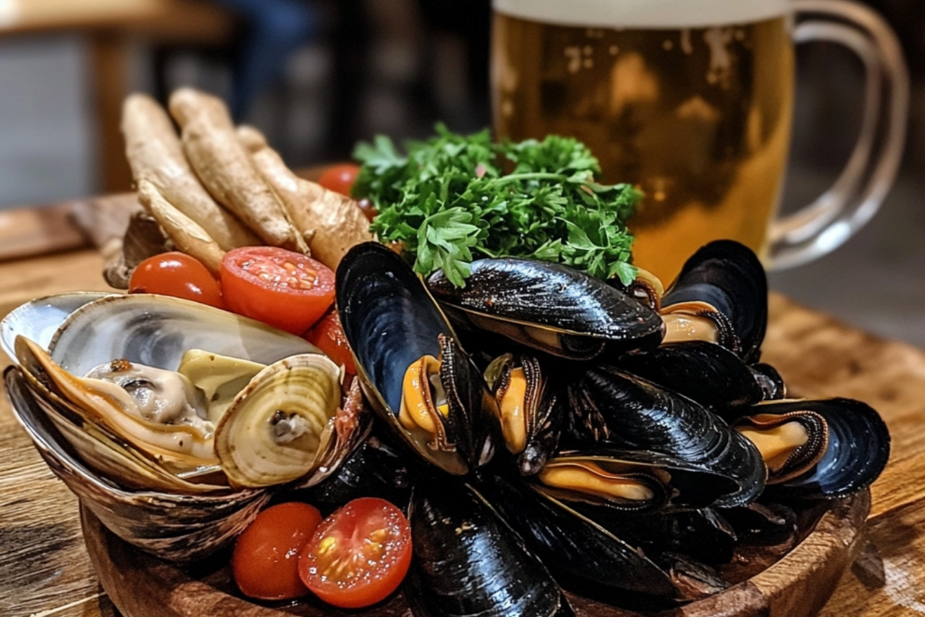 Mule w piwie jasnym z pomidorami i chorizo