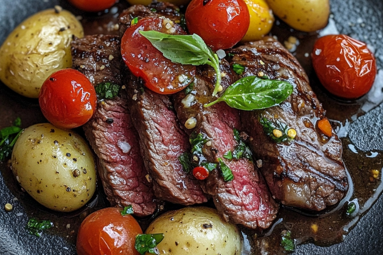 Onglet wołowy smażony na maśle z sałatką ziemniaczaną i przyprawą pomidorową