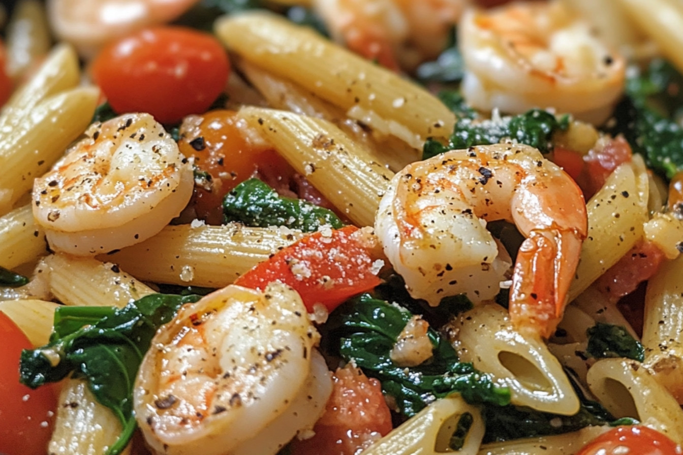 Penne z krewetkami, pomidorami i szpinakiem
