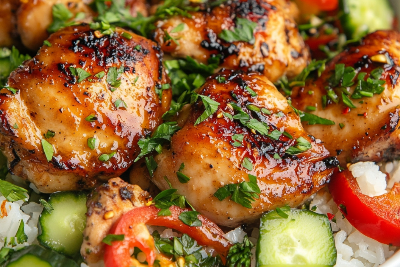 Pieczona noga z kurczaka w słodko-słonej marynacie i sałatka ryżowa