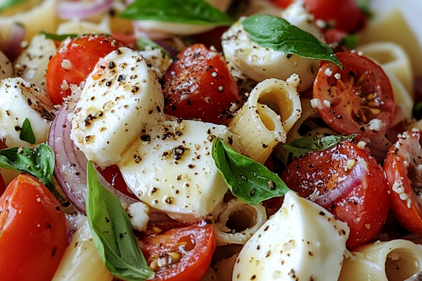 Sałatka z makaronem, pomidorami i mozzarellą