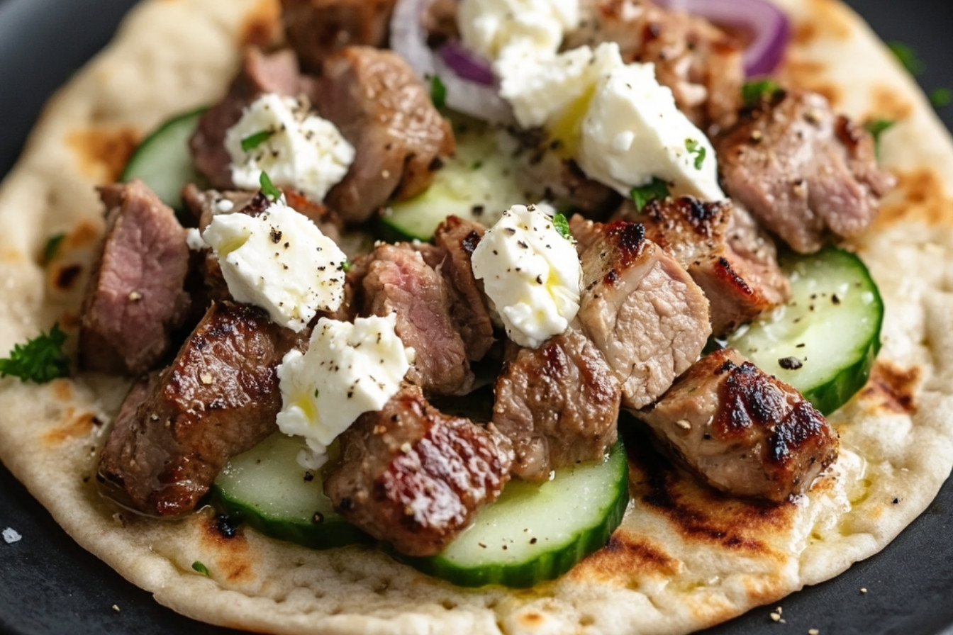 Souvlaki z chlebem pita, ogórkiem i fetą w sosie śmietanowym