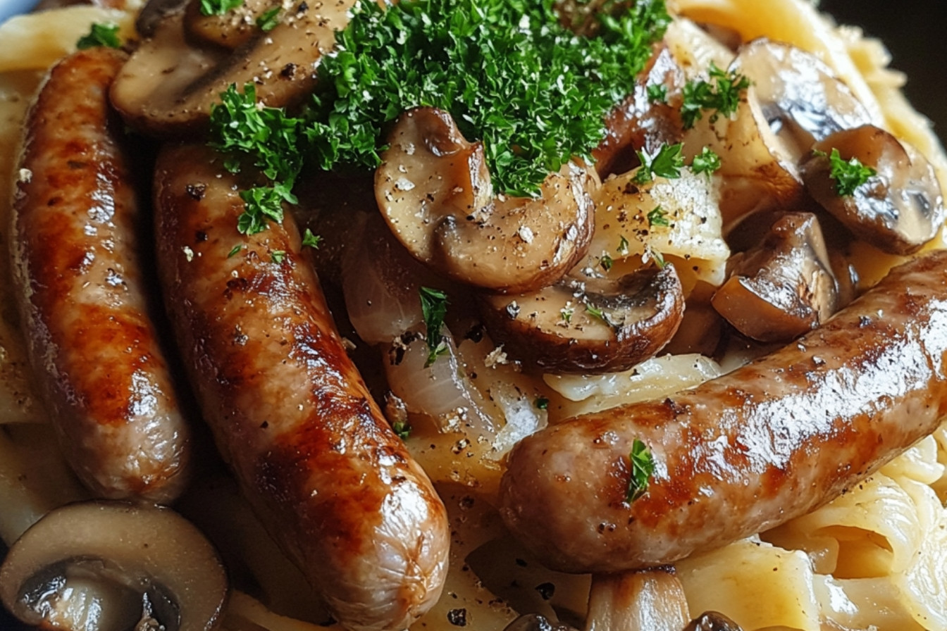 Świderki w kremowym sosie z kiełbasą i grzybami