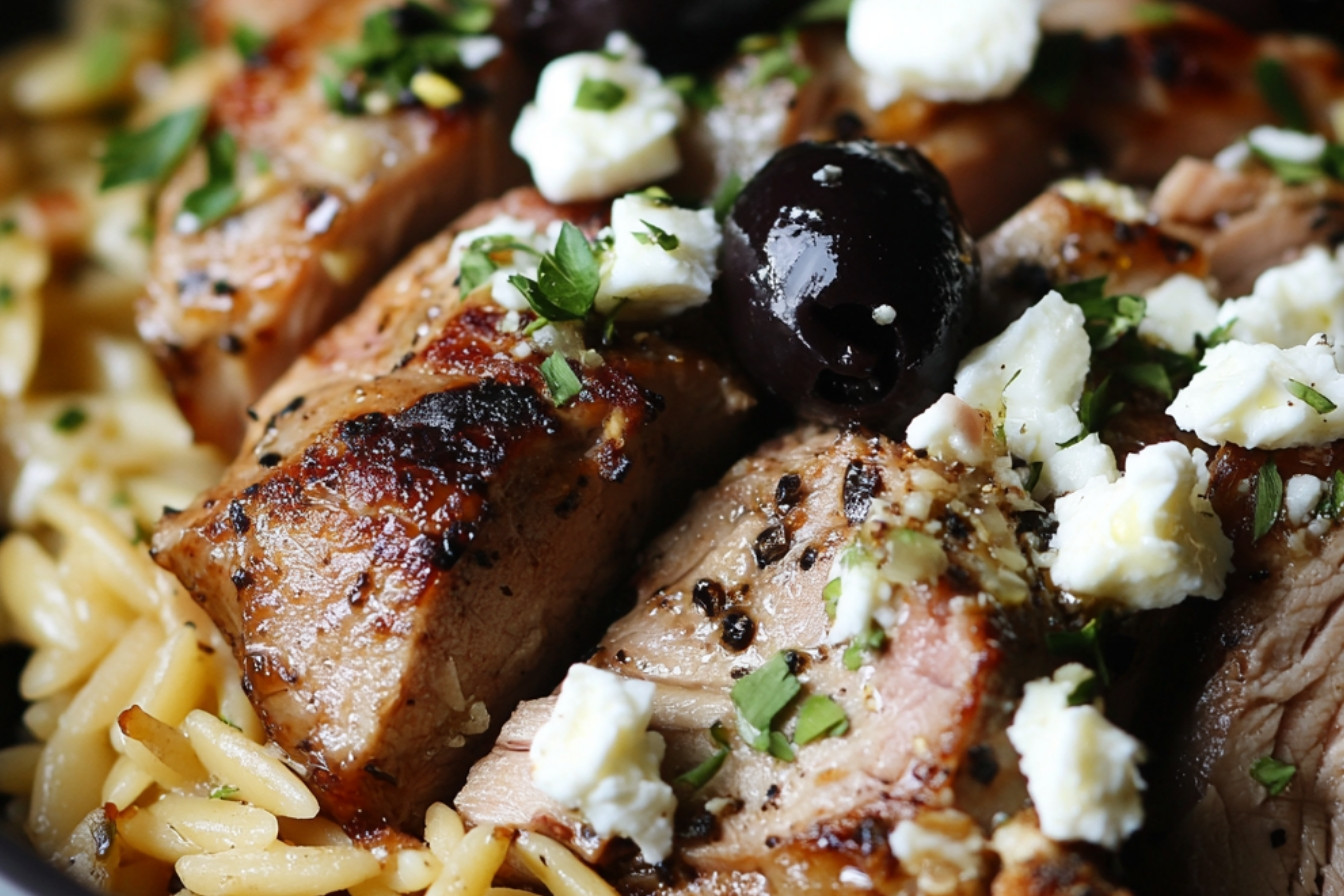 Wieprzowina marynowana po włosku z orzem, fetą i oliwkami